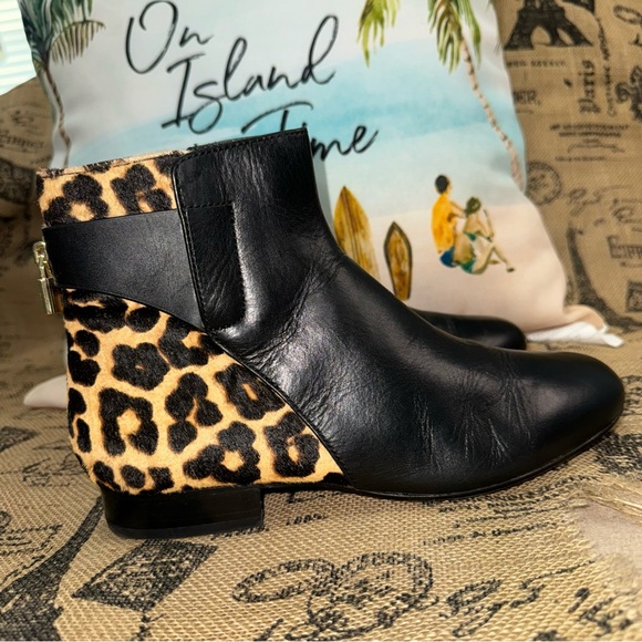 Michael Kors Black Leather/Leopard Print Calf Hair Side Zip Ankle Boots Size 8 - Picture 5 of 13
